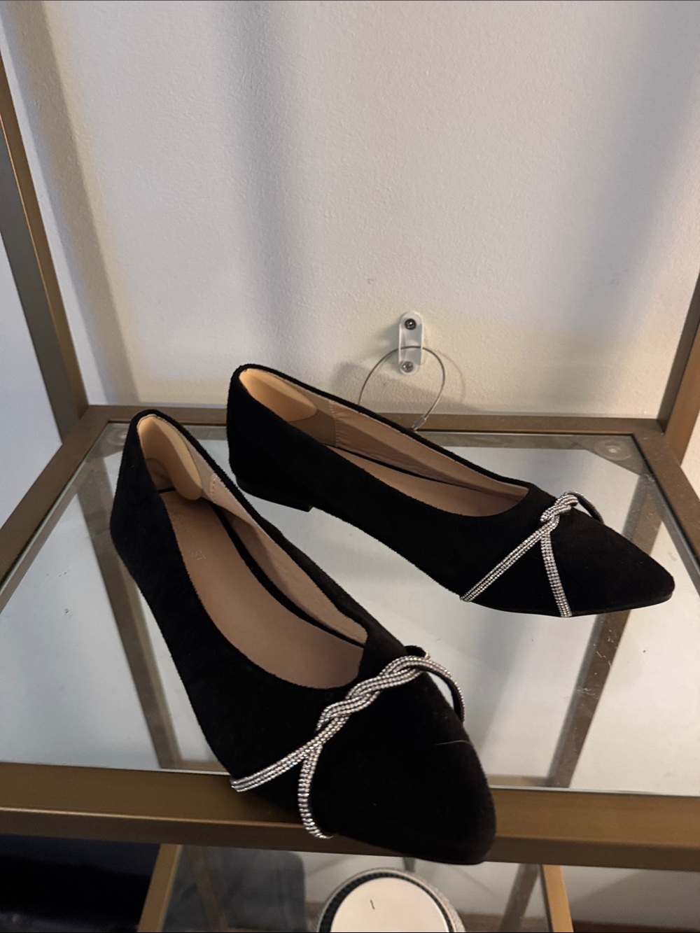 Black Suede Pointed Toe Flats with Crystal Bow Accent size 7.5